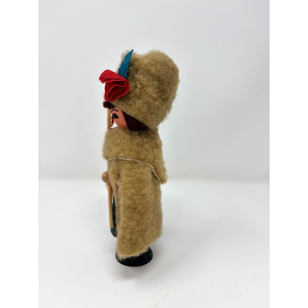 Vintage Alps Souvenir Doll Wooden Hand Painted Face Fuzzy Hooded Cloak 5.5" - Picture 2 of 5
